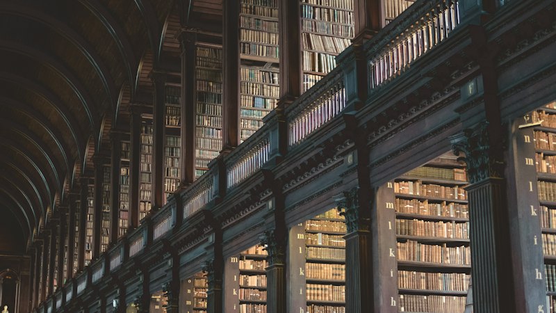 Rayonnages de bois sombre garnis de livres dans une bibliothèque