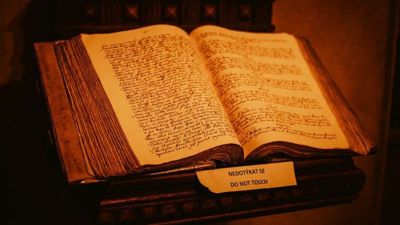 Manuscrit ancien ouvert sur un lutrin, sous un écriteau « ne pas toucher »