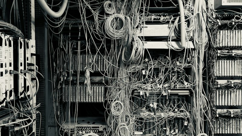 Enchevêtrement de câbles dans une salle technique